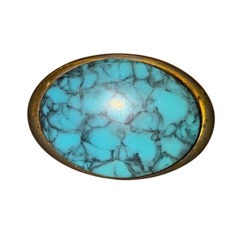 Vintage SIS Belt Buckle Blue Oval Cabochon Western Southwestern Stamped brass